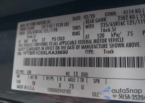 2020 Ford Transit-250 из США, поврежденный, VIN 1FTBR1C8XLKA38690